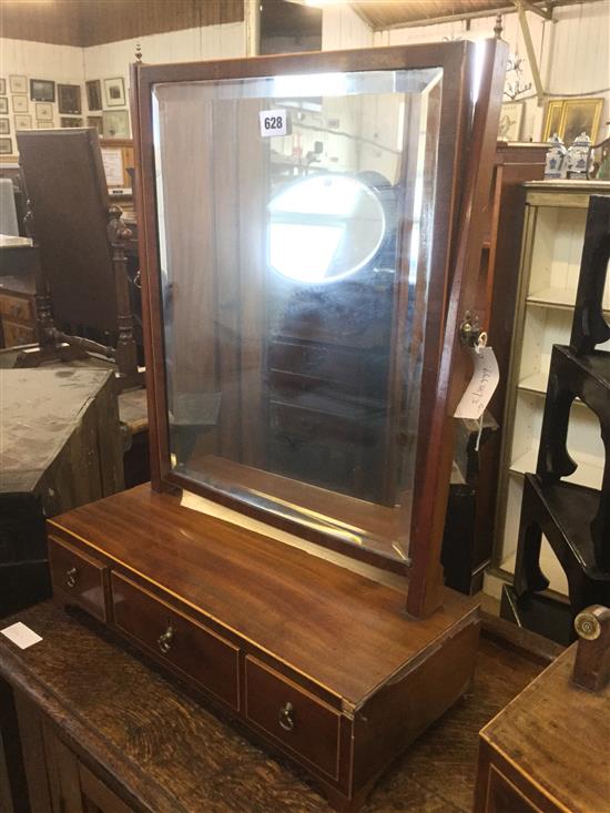 19C boxwood-strung mahogany toilet mirror fitted three drawers